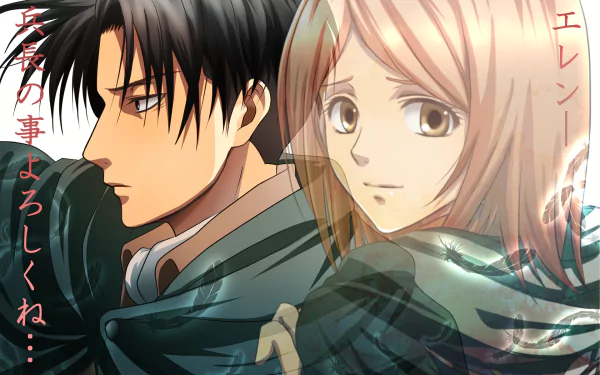 HD anime desktop wallpaper featuring Petra Ral and Levi Ackerman from Attack on Titan, captured in a detailed, expressive style with soft lighting effects.