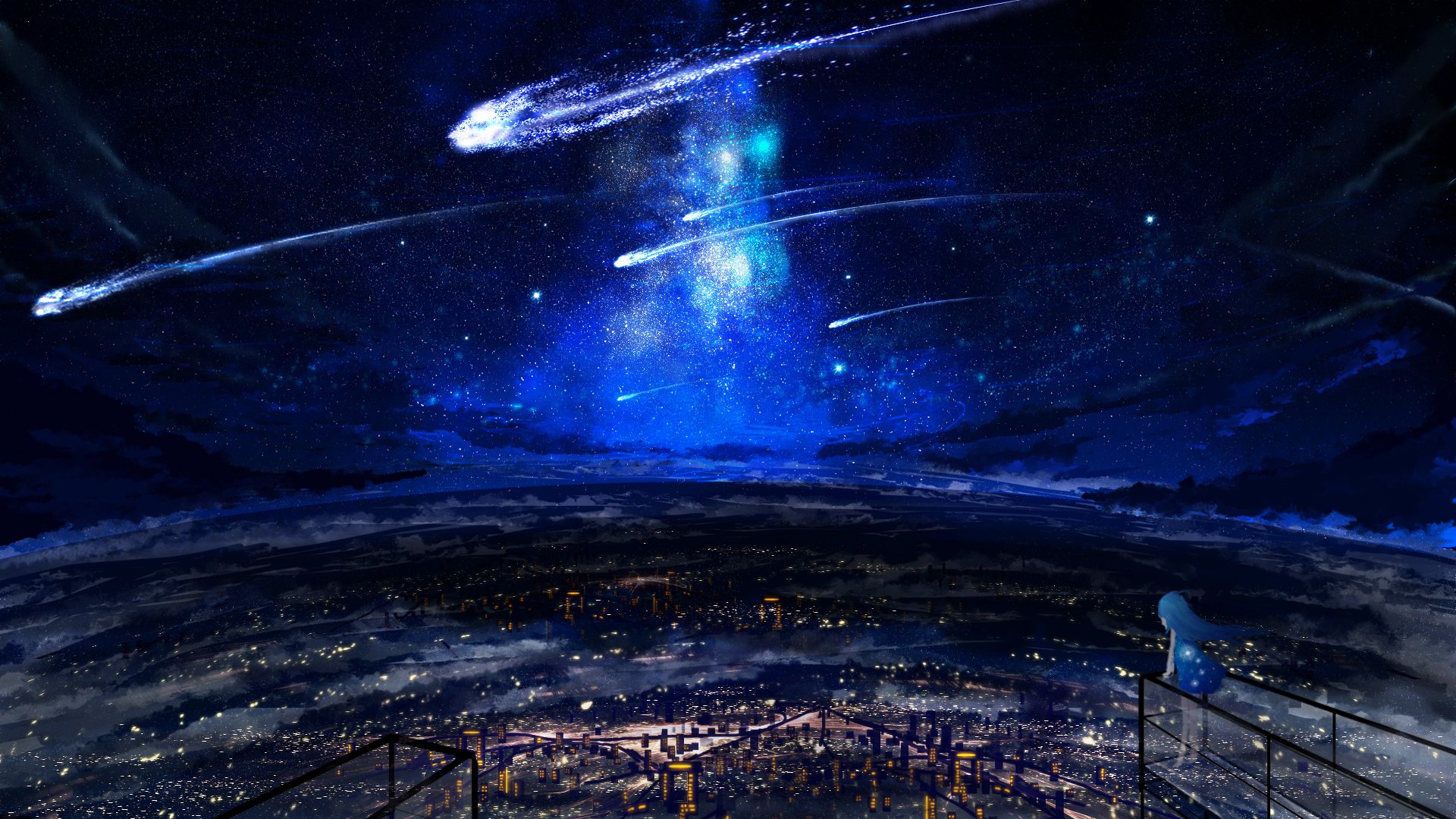 An original anime HD desktop wallpaper showing a stunning night sky with shooting stars and a lone character on a railing above a brightly lit cityscape.