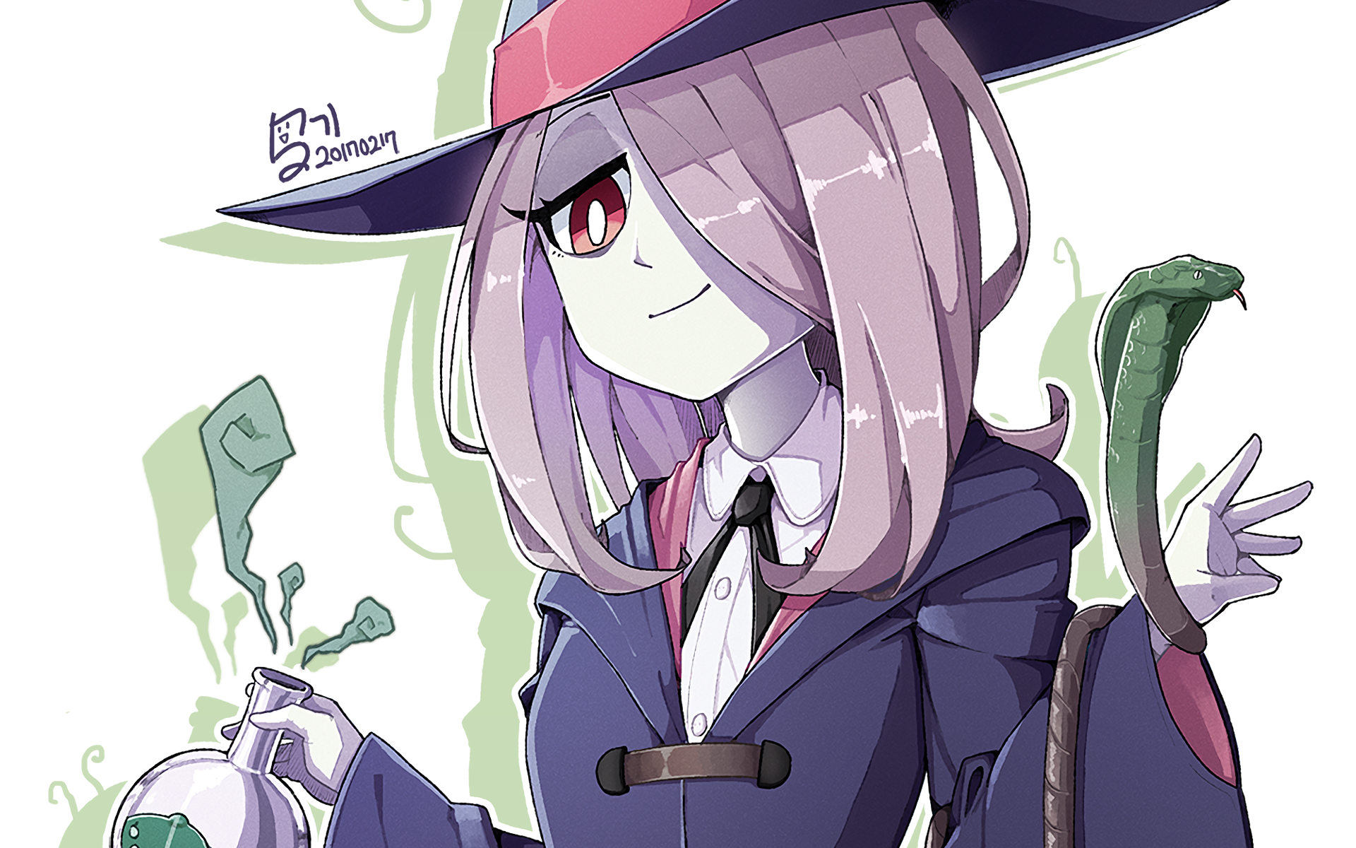 HD PC desktop wallpaper featuring Sucy Manbavaran from the anime Little Witch Academia, showing her with a subtle smile, wearing her witch hat and cloak.