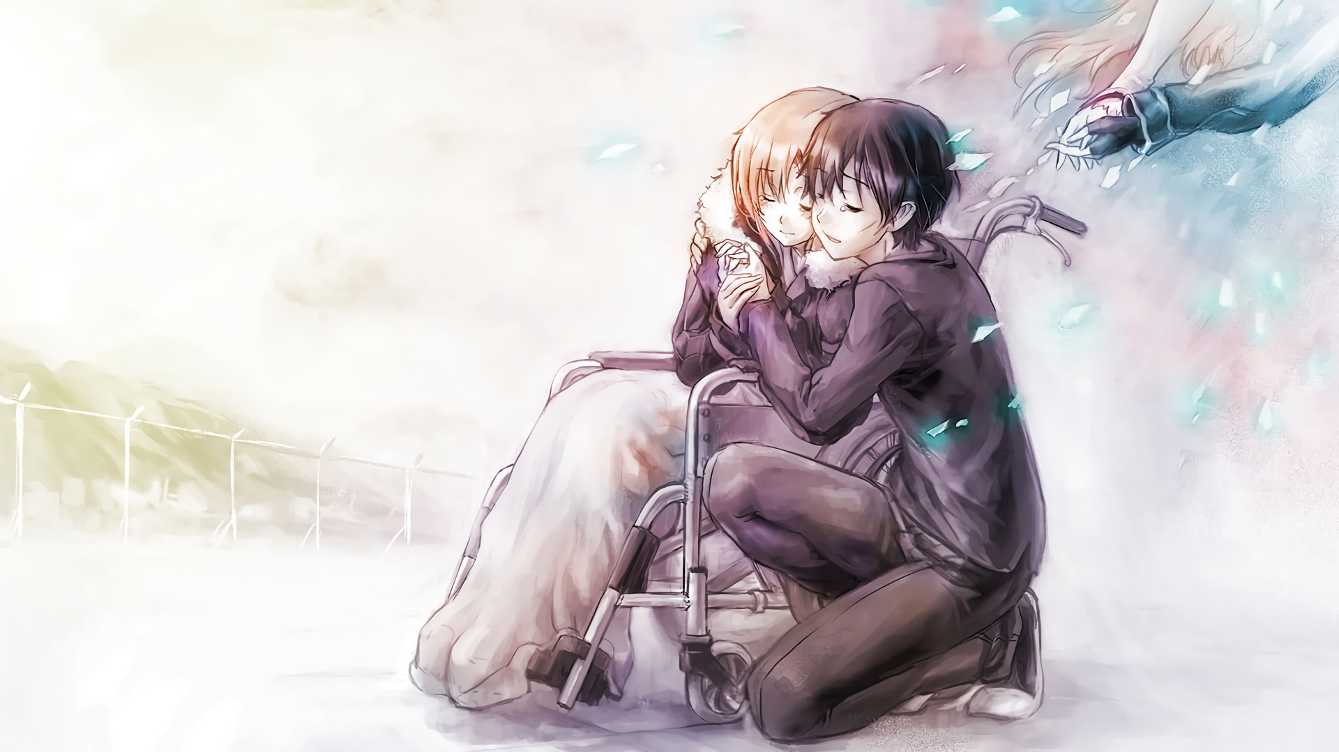 HD anime desktop wallpaper featuring characters from Sword Art Online sharing an emotional embrace, set against a soft, light-filled background with floating petals.