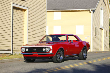 Bright red Chevrolet Camaro SS 350 muscle car parked on a street, captured as a high-definition PC desktop wallpaper and background.