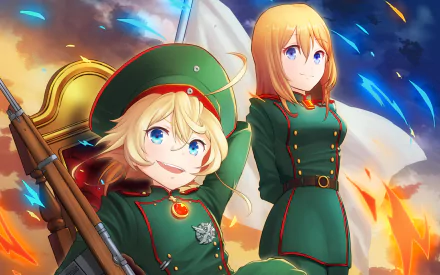HD anime wallpaper featuring Viktoriya Ivanovna Serebryakov and Tanya Degurechaff from The Saga of Tanya the Evil in military uniforms against a fiery sky.
