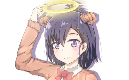 Vignette Tsukinose April from the anime Gabriel DropOut, depicted with a glowing halo, featured in a HD PC desktop wallpaper and background.