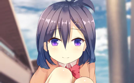 Vignette Tsukinose April from Gabriel DropOut, close-up anime portrait smiling in an HD PC desktop wallpaper/background with soft sky and blurred buildings behind her.