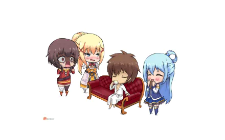 A vibrant HD wallpaper featuring Kazuma Satou, Darkness, Aqua, and Megumin from KonoSuba, showcasing their playful expressions and colorful designs against a bright background.