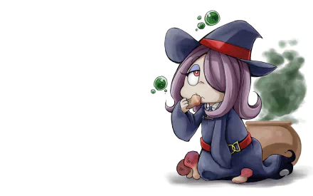 HD PC desktop wallpaper/background of Sucy Manbavaran (Anime, Little Witch Academia): chibi witch in navy robes and hat, purple hair, nibbling a mushroom beside a smoking cauldron.