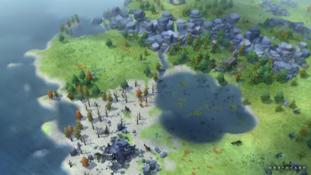 HD desktop wallpaper of Northgard game with a scenic landscape featuring a forest, lake, and rocks.
