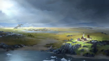 HD desktop wallpaper of Northgard featuring a serene landscape with a small settlement and a distant dragon silhouette.