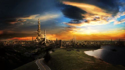 HD desktop wallpaper features a stunning CGI landscape of Cairo at sunset, showcasing a road leading to a majestic city skyline with Islamic architecture, a serene lake, and a dramatic sky with clouds.