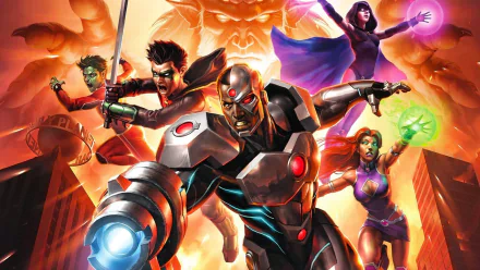 HD desktop wallpaper featuring DC Comics characters Garfield Logan, Damian Wayne, Robin, Cyborg, Raven, Starfire, and Trigon from the movie Justice League vs. Teen Titans.