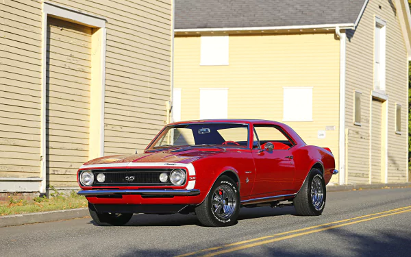 Bright red Chevrolet Camaro SS 350 muscle car parked on a street, captured as a high-definition PC desktop wallpaper and background.