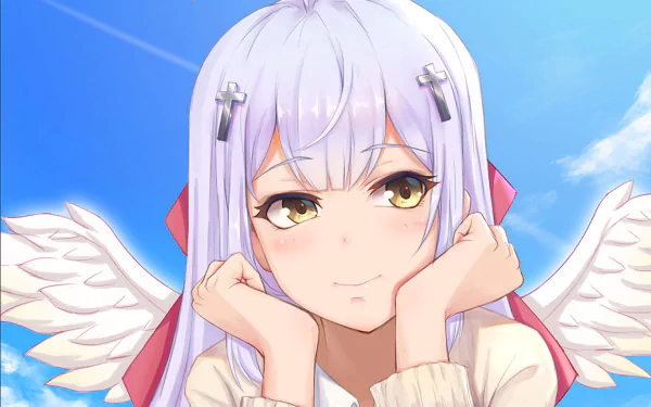 Raphiel Shiraha Ainsworth from Gabriel DropOut gazes mischievously, chin in hands, with small angel wings and long silver hair against a bright blue sky — HD anime desktop wallpaper