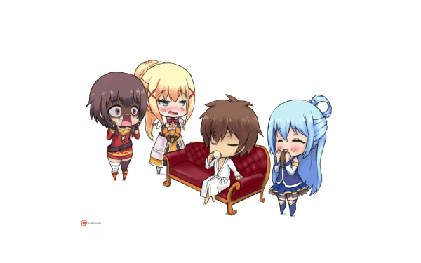 A vibrant HD wallpaper featuring Kazuma Satou, Darkness, Aqua, and Megumin from KonoSuba, showcasing their playful expressions and colorful designs against a bright background.