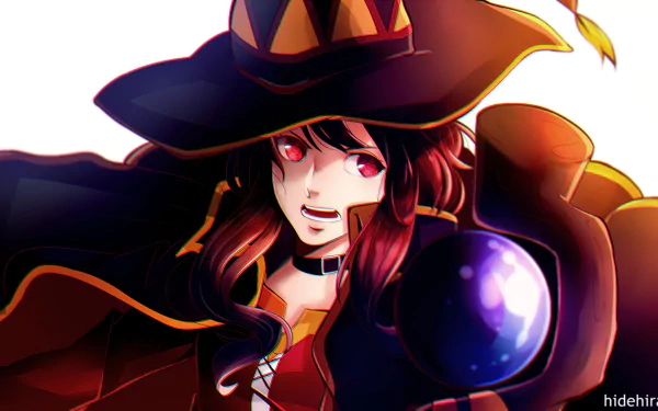 HD anime desktop wallpaper featuring Megumin from KonoSuba - God’s Blessing on This Wonderful World!! in her iconic wizard outfit with glowing eyes.