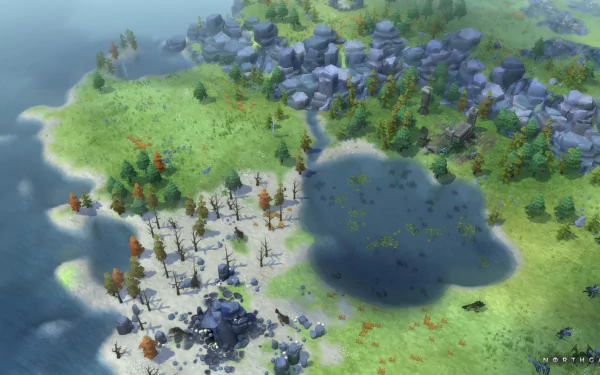HD desktop wallpaper of Northgard game with a scenic landscape featuring a forest, lake, and rocks.