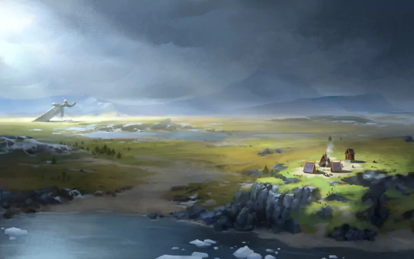 HD desktop wallpaper of Northgard featuring a serene landscape with a small settlement and a distant dragon silhouette.