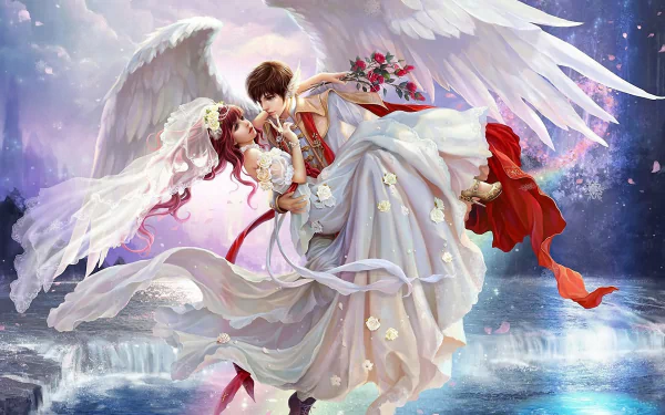 HD PC desktop wallpaper from Perfect World featuring a fantasy angel bride and groom with wings in a romantic wedding embrace.