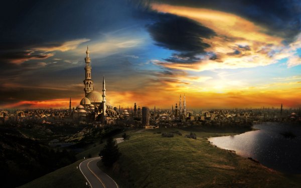 Door de mens gemaakt Cairo CGI Landschap Stad Wolk Lucht Zonsondergang Meer Weg Islam HD Wallpaper | Achtergrond