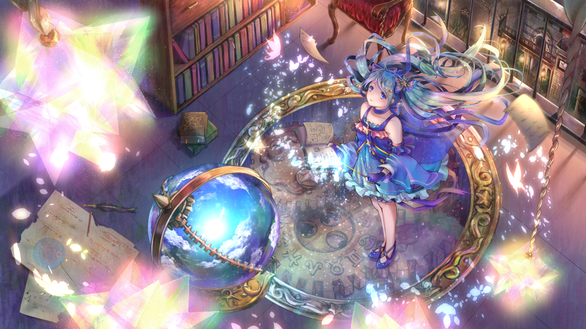 HD PC desktop wallpaper featuring Hatsune Miku in vibrant anime style, surrounded by glowing butterflies and a magical library setting, capturing the essence of Vocaloid.