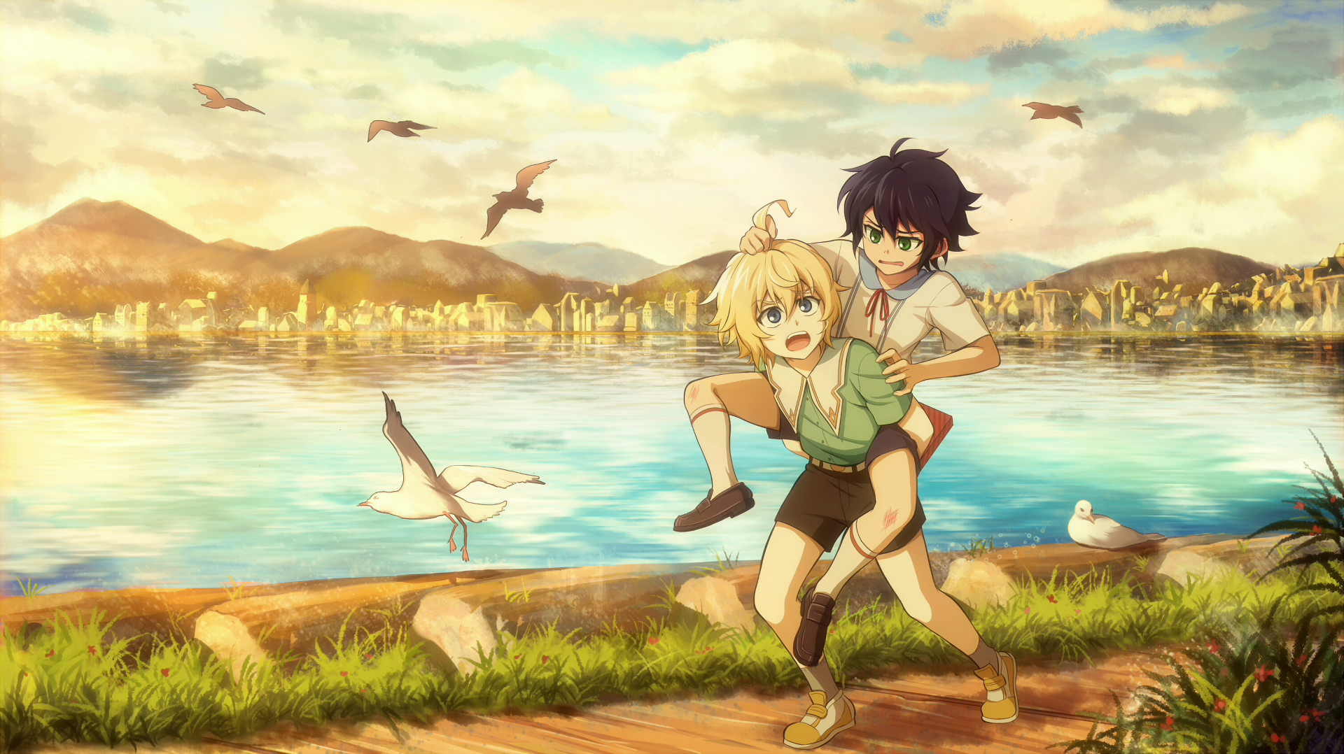 Anime characters Mikaela Hyakuya and Yūichirō Hyakuya enjoying a piggyback ride by a lakeside at sunset, with birds flying in the sky and mountains in the background. HD wallpaper from Seraph of the End.