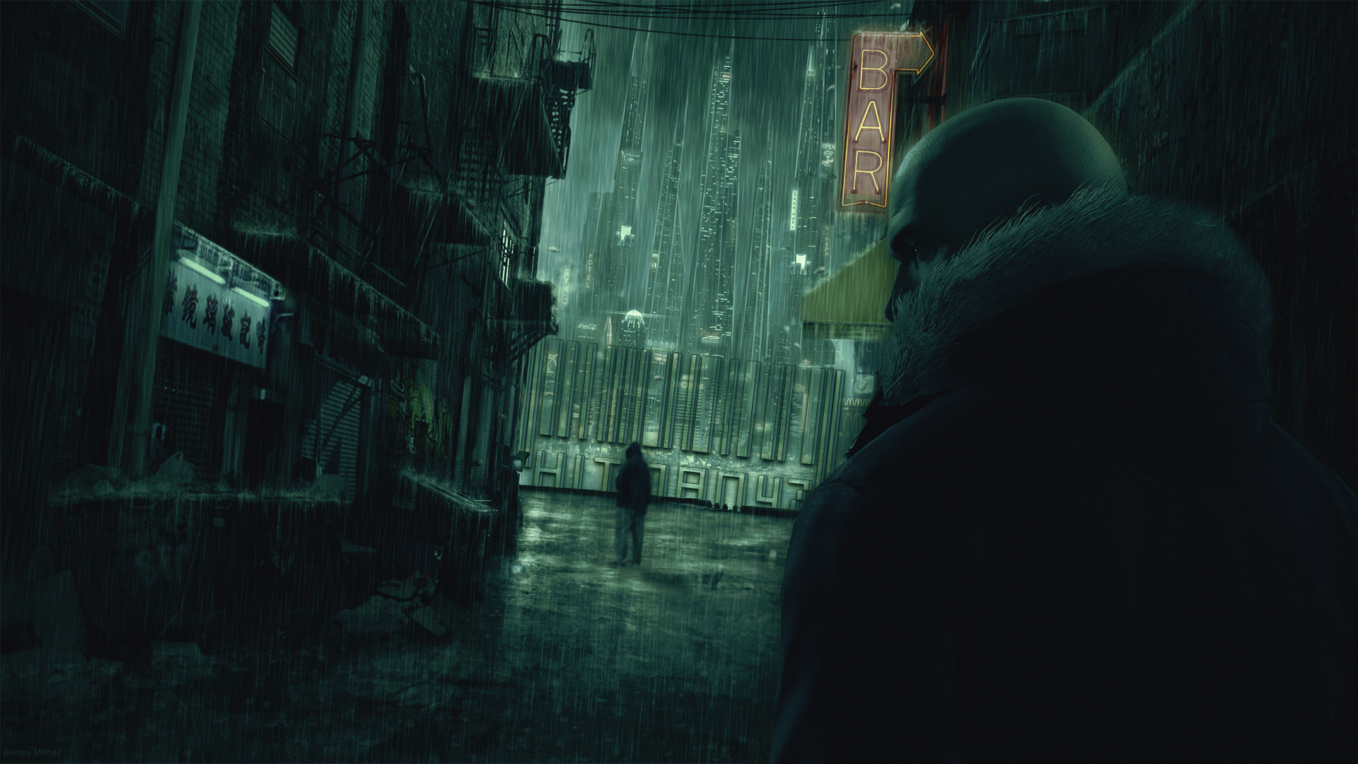 HD PC desktop wallpaper featuring a dark, rainy urban scene from the video game Hitman: Agent 47 with a shadowy figure in the foreground and neon bar sign in the background.