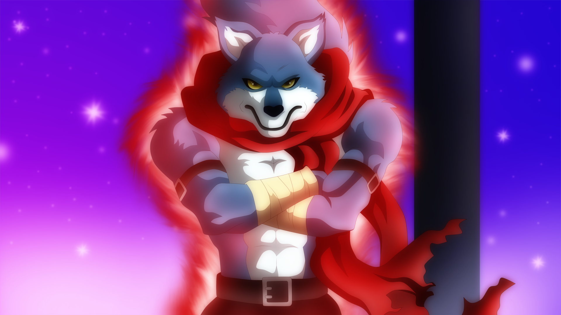Bergamo (Dragon Ball) in anime style from Dragon Ball Super: muscular wolf-like fighter with red scarf and fiery aura, arms crossed against a purple-pink starry 2K Quad HD PC desktop wallpaper.