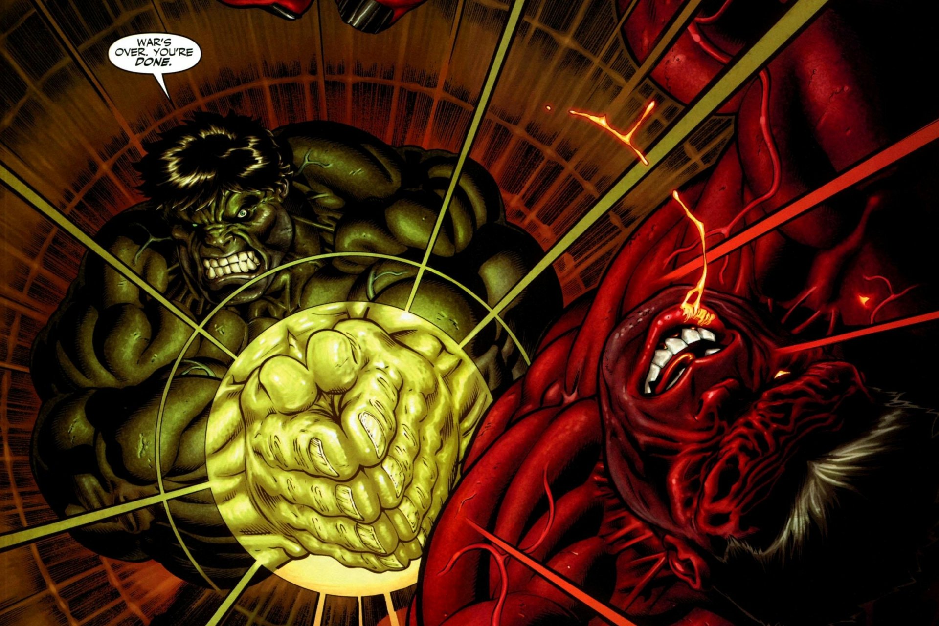 HD desktop wallpaper featuring an intense battle between Hulk and Red Hulk from a comic, with vivid colors and dynamic action.