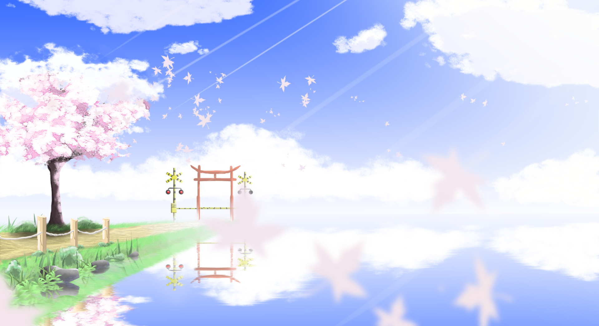 Anime landscape themed after Your Lie in April, featuring a serene HD desktop wallpaper of a fantasy scene with a cherry blossom tree, a torii gate, and a calm lake under a blue sky with flurry petals.