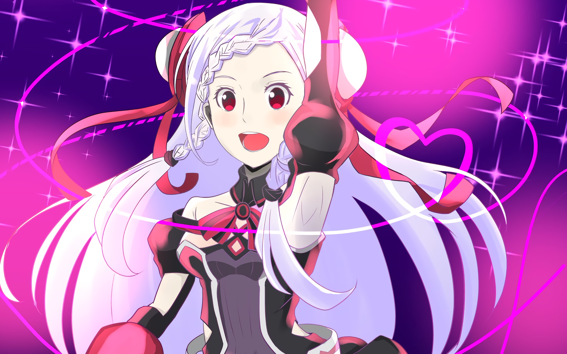 HD desktop wallpaper featuring an anime character from Sword Art Online Movie: Ordinal Scale with vibrant pink and purple sparkles in the background.