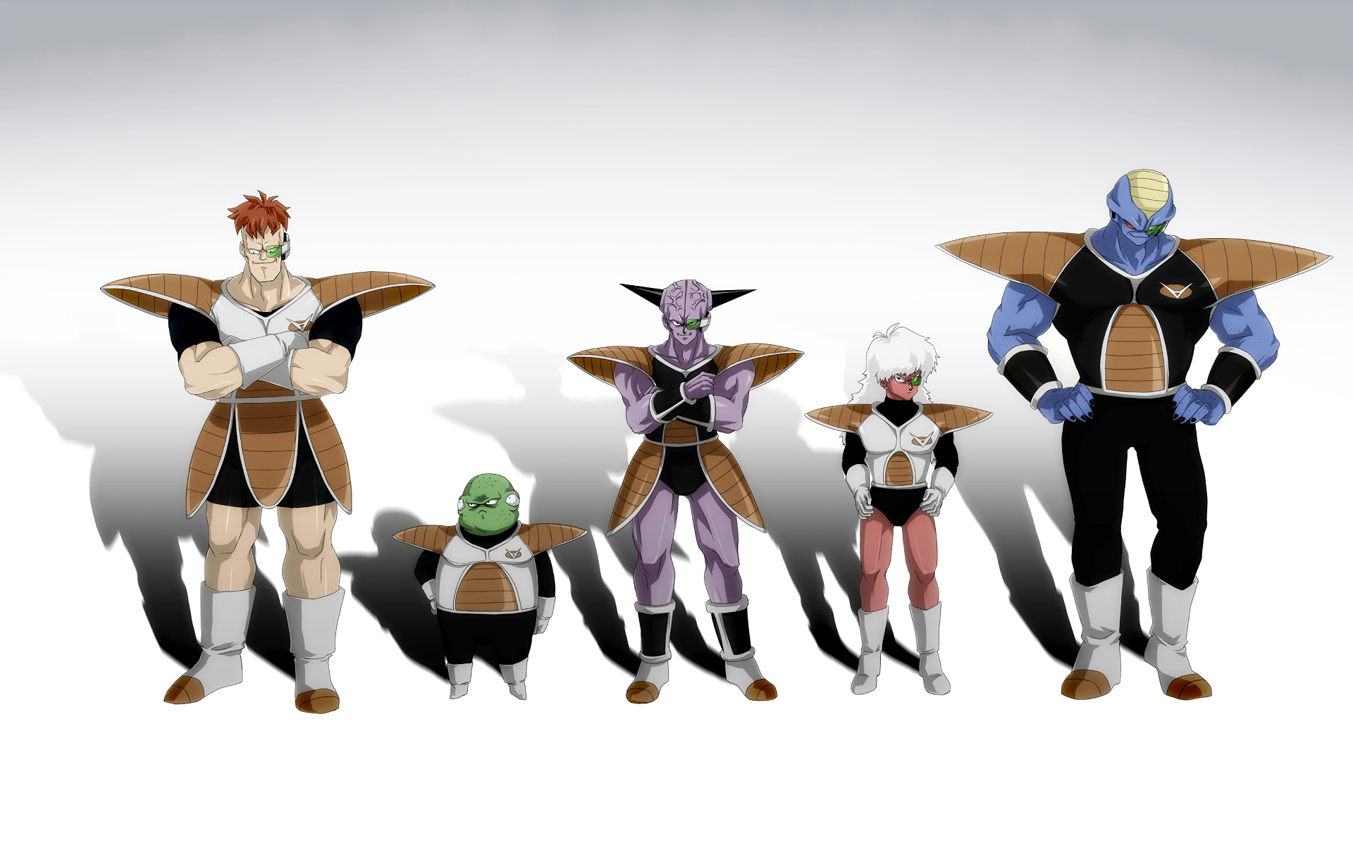HD PC desktop wallpaper featuring five Dragon Ball Z characters in anime style, standing confidently against a plain white background.