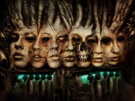 HD desktop wallpaper featuring a sci-fi cyborg theme, showcasing a series of transforming human and robotic faces with intricate detailing and glowing elements.