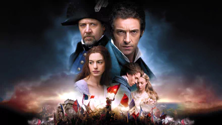 HD desktop wallpaper featuring Eddie Redmayne, Hugh Jackman, Russell Crowe, Anne Hathaway, and Amanda Seyfried from the 2012 movie Les Misérables.
