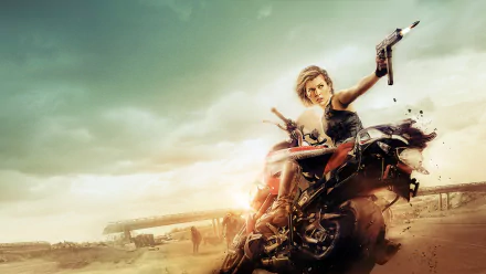 HD desktop wallpaper and background featuring Milla Jovovich in an action-packed scene from the movie Resident Evil: The Final Chapter, riding a motorcycle and aiming a gun.
