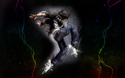 HD desktop wallpaper featuring an abstract, cool design with a person mid-jump against a dark background with colorful light streaks.