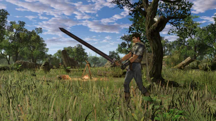 4K Ultra HD PC desktop wallpaper featuring a Berserk video game scene with a warrior holding a large sword in a grassy, sunlit landscape from the Band of the Hawk.