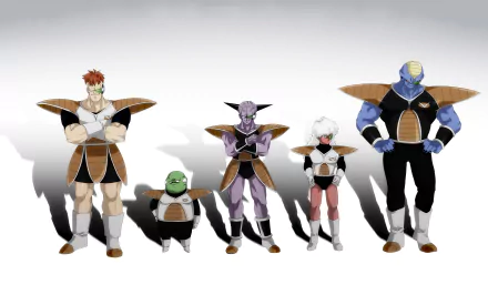 HD PC desktop wallpaper featuring five Dragon Ball Z characters in anime style, standing confidently against a plain white background.