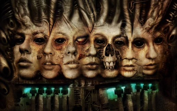 HD desktop wallpaper featuring a sci-fi cyborg theme, showcasing a series of transforming human and robotic faces with intricate detailing and glowing elements.