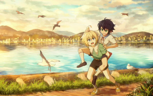 Anime characters Mikaela Hyakuya and Yūichirō Hyakuya enjoying a piggyback ride by a lakeside at sunset, with birds flying in the sky and mountains in the background. HD wallpaper from Seraph of the End.
