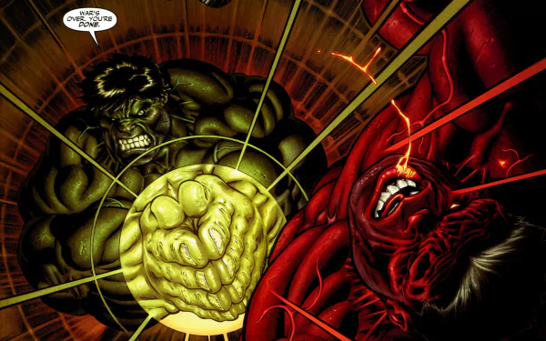 HD desktop wallpaper featuring an intense battle between Hulk and Red Hulk from a comic, with vivid colors and dynamic action.