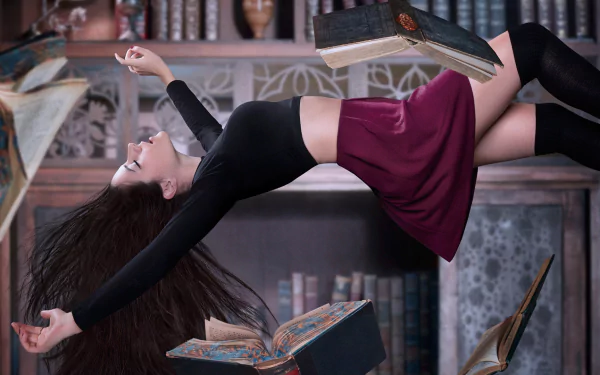 HD PC desktop wallpaper featuring a floating woman surrounded by magical books in a library, inspired by the TV show The Magicians.