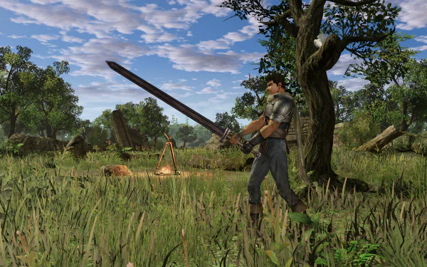 4K Ultra HD PC desktop wallpaper featuring a Berserk video game scene with a warrior holding a large sword in a grassy, sunlit landscape from the Band of the Hawk.