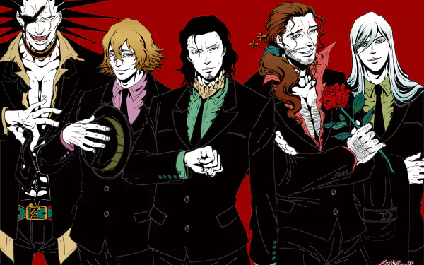 HD wallpaper featuring characters Kisuke Urahara, Shunsui Kyōraku, Coyote Starrk, and Kenpachi Zaraki from the anime Bleach, showcasing a stylish, bold design.