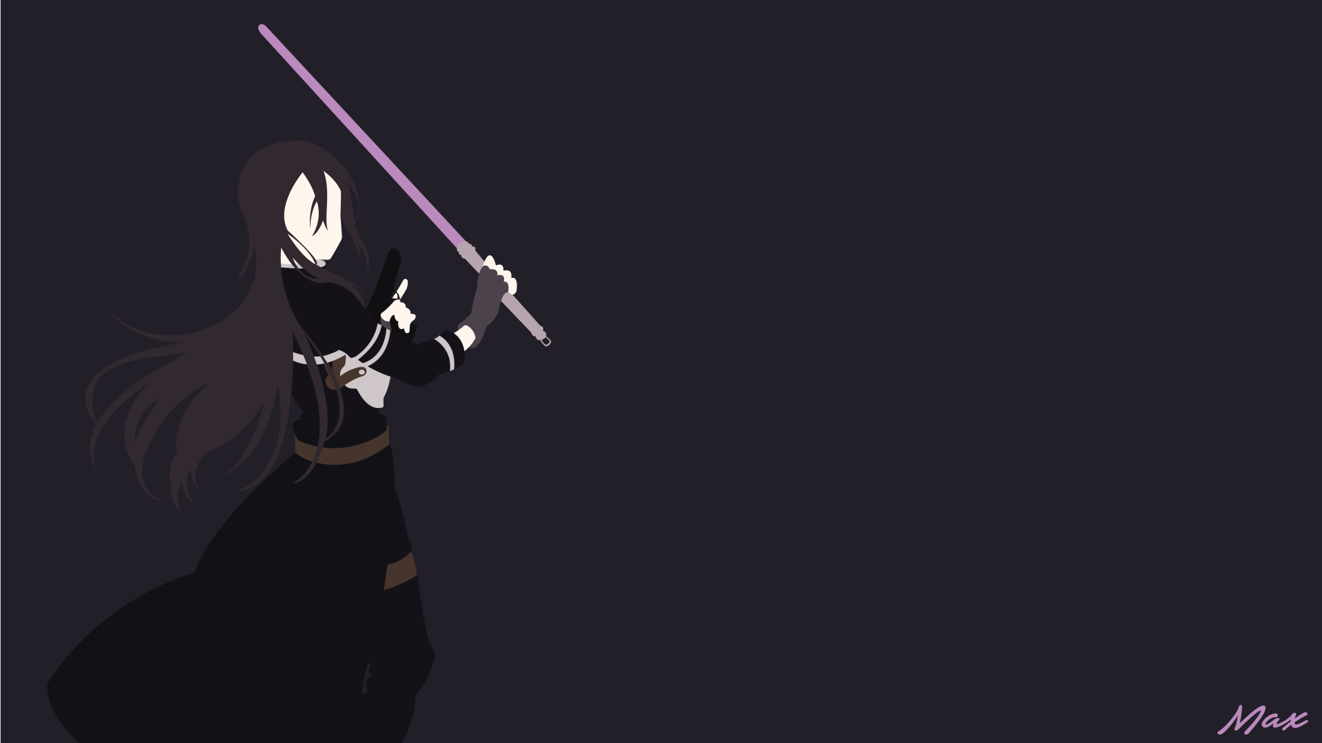 Yuuki from Sword Art Online II, dark silhouette with flowing hair brandishing a glowing purple sword against a minimalist dark backdrop — 8K Ultra HD PC desktop wallpaper and background