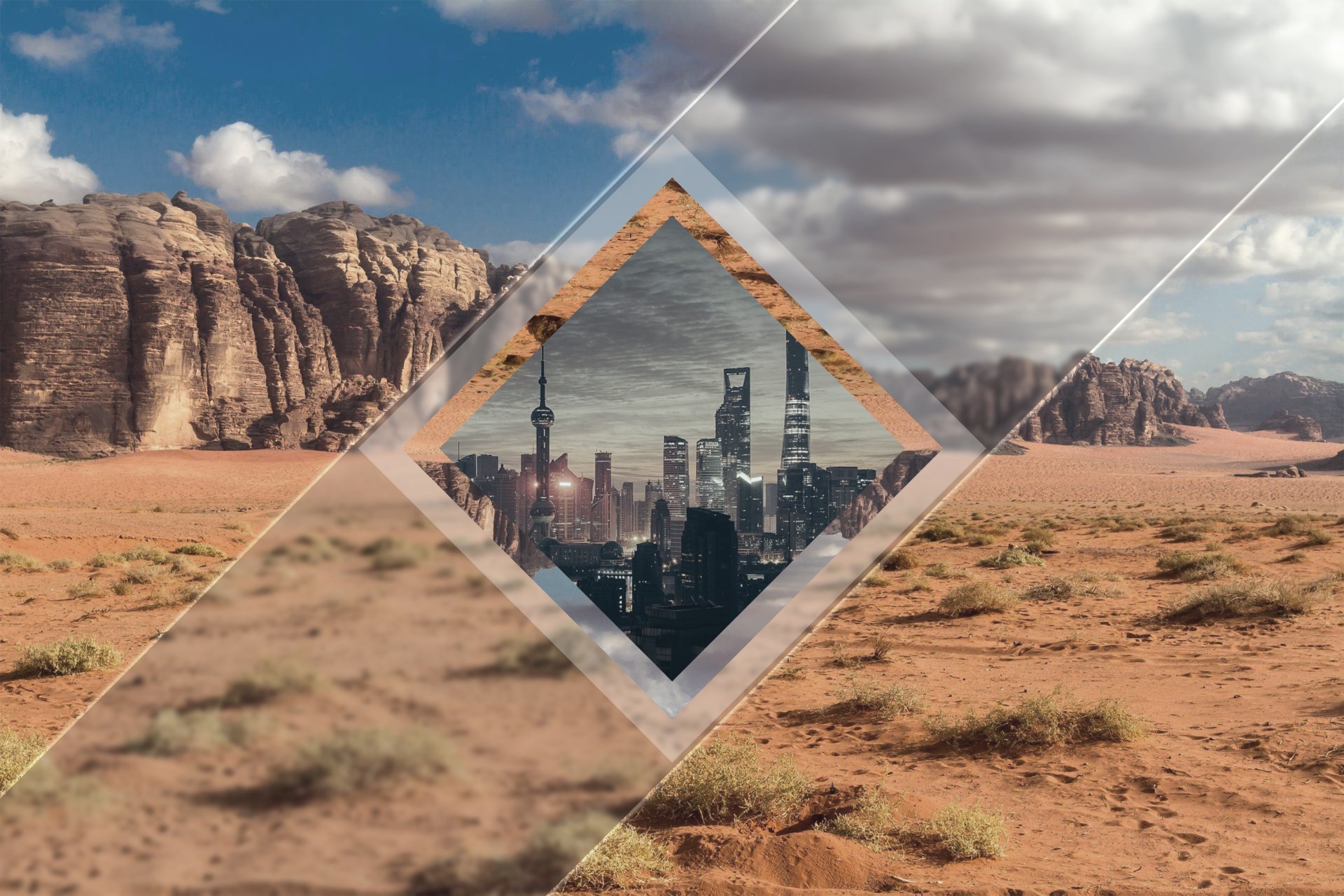 Artistic polyscape HD desktop wallpaper blending a blurred desert mountain scene with a sharp city skyline in a geometric design.