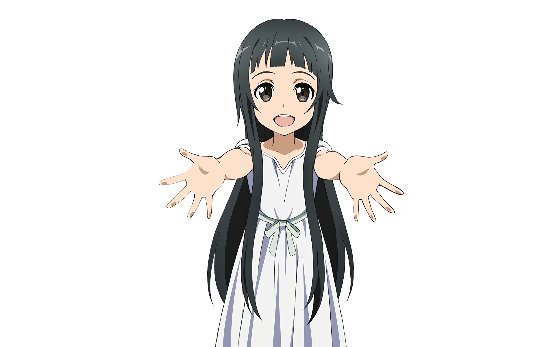 HD PC desktop wallpaper of an anime character from Sword Art Online, featuring a smiling girl with long black hair and outstretched arms on a white background.