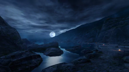 A serene nighttime landscape illuminated by moonlight, featuring a river flowing through dark rocks, set against a moody Sci-Fi sky. An enchanting HD desktop wallpaper.