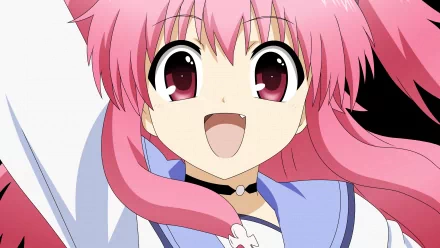 HD desktop wallpaper featuring Yui from the anime Angel Beats! with pink hair and a happy, excited expression, wearing a blue and white outfit. Tagged as cute anime.