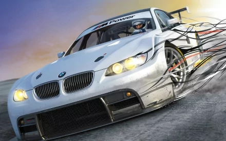 HD PC desktop wallpaper featuring a dynamic white BMW race car from the video game Need for Speed: Shift, showcasing speed and motion in an intense driving scene.