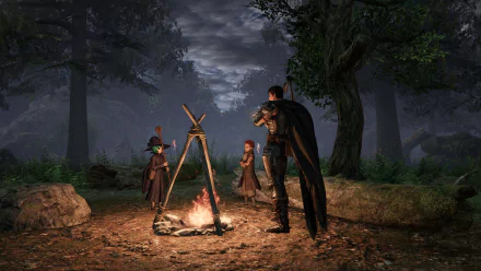 4K Ultra HD PC desktop wallpaper featuring characters from the Berserk video game, showcasing the Band of the Hawk gathered around a campfire in a dark forest.