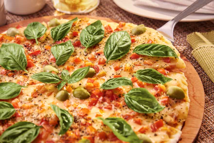 Still-life food photo of a basil-topped pizza with green olives, diced tomatoes and melted cheese on a wooden board — 2K Quad HD PC desktop wallpaper and background.